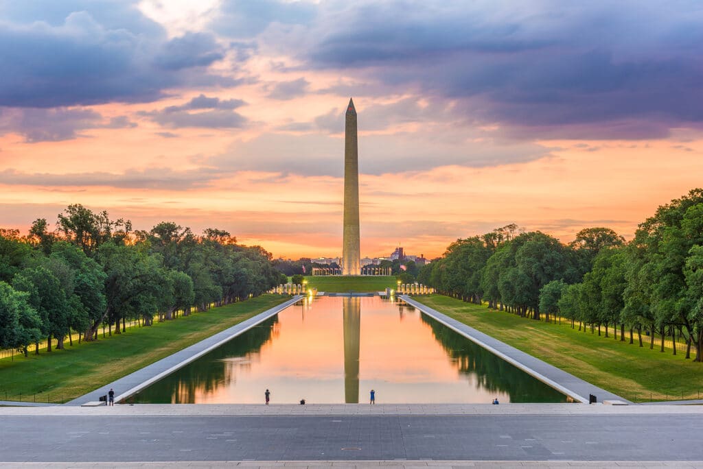 Washington Monument on the Reflecting Pool in Washington, DC, US